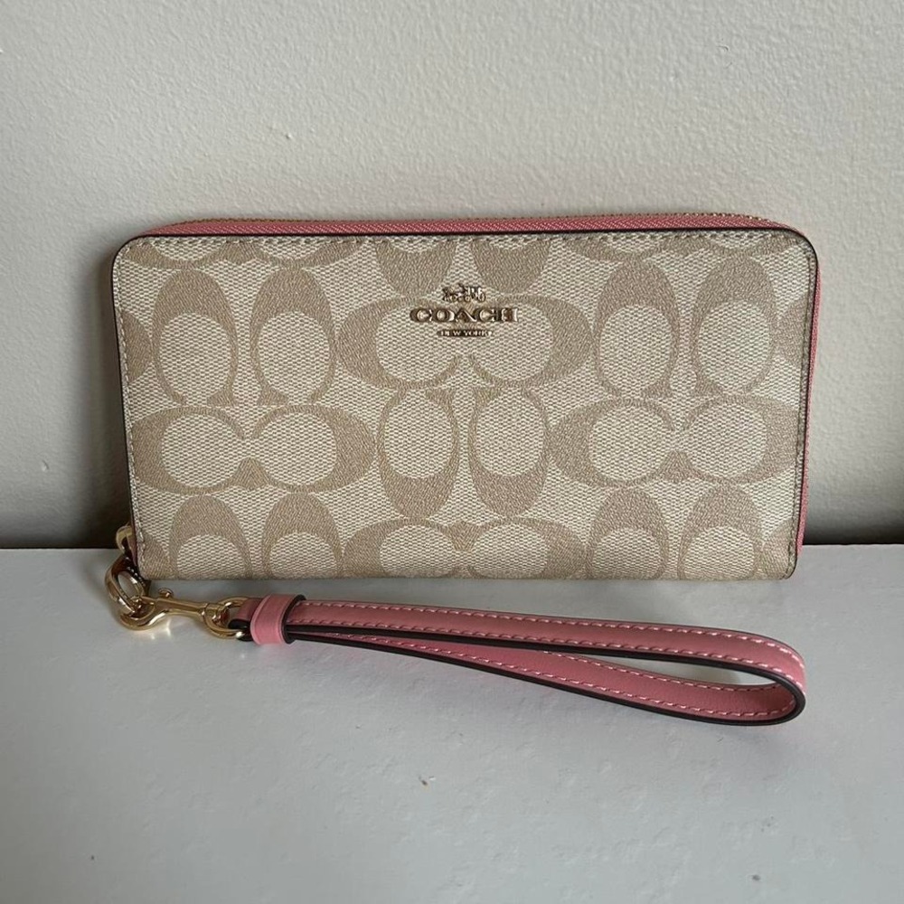 Coach Signature Long Zip Around Wallet Khaki Pink Canvas New C4452